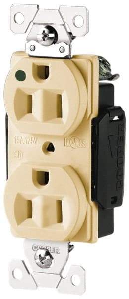 Cooper Wiring Devices - 125 VAC, 15 Amp, 5-15R NEMA Configuration, Ivory, Hospital Grade, Self Grounding Duplex Receptacle - 1 Phase, 2 Poles, 3 Wire, Flush Mount, Antimicrobial and Heat Resistant - USA Tool & Supply