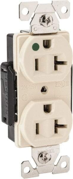 Cooper Wiring Devices - 125 VAC, 20 Amp, 5-20R NEMA Configuration, Ivory, Hospital Grade, Self Grounding Duplex Receptacle - 1 Phase, 2 Poles, 3 Wire, Flush Mount, Chemical, Heat and Impact Resistant - USA Tool & Supply