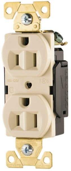 Cooper Wiring Devices - 125 VAC, 15 Amp, 5-15R NEMA Configuration, Ivory, Industrial Grade, Self Grounding Duplex Receptacle - 1 Phase, 2 Poles, 3 Wire, Flush Mount, Antimicrobial, Chemical and Impact Resistant - USA Tool & Supply