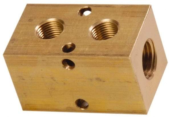 Made in USA - 1/2" Inlet, 3/8" Outlet Manifold - 2-3/4" Long x 1-1/2" Wide x 1-1/2" High, 0.2" Mount Hole, 2 Inlet Ports, 2 Outlet Ports - USA Tool & Supply