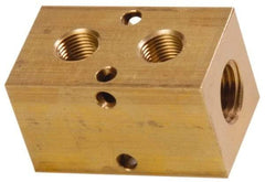 Made in USA - 1/2" Inlet, 3/8" Outlet Manifold - 2-3/4" Long x 1-1/2" Wide x 1-1/2" High, 0.2" Mount Hole, 2 Inlet Ports, 2 Outlet Ports - USA Tool & Supply