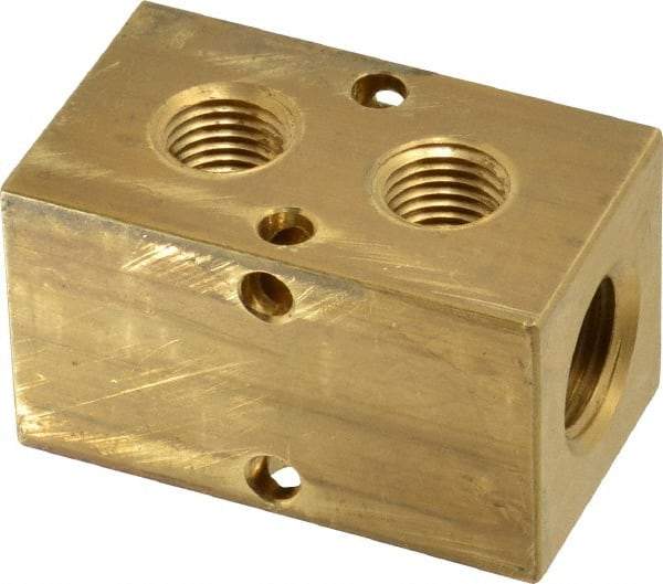 Made in USA - 3/8" Inlet, 1/4" Outlet Manifold - 2.13" Long x 1-1/4" Wide x 1-1/4" High, 0.2" Mount Hole, 2 Inlet Ports, 2 Outlet Ports - USA Tool & Supply