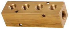 Made in USA - 1/2" Inlet, 3/8" Outlet Manifold - 4-3/4" Long x 1-1/2" Wide x 1-1/2" High, 0.2" Mount Hole, 2 Inlet Ports, 4 Outlet Ports - USA Tool & Supply