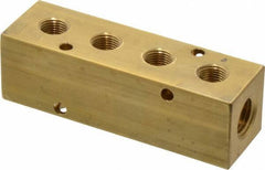 Made in USA - 1/4" Inlet, 1/8" Outlet Manifold - 3-1/4" Long x 1" Wide x 1" High, 0.17" Mount Hole, 2 Inlet Ports, 4 Outlet Ports - USA Tool & Supply