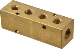 Made in USA - 3/8" Inlet, 1/4" Outlet Manifold - 3.88" Long x 1-1/4" Wide x 1-1/4" High, 0.2" Mount Hole, 2 Inlet Ports, 4 Outlet Ports - USA Tool & Supply