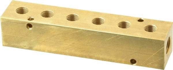 Made in USA - 1/4" Inlet, 1/8" Outlet Manifold - 4-3/4" Long x 1" Wide x 1" High, 0.17" Mount Hole, 2 Inlet Ports, 6 Outlet Ports - USA Tool & Supply
