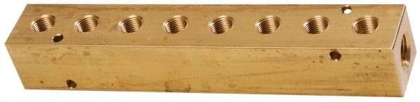 Made in USA - 3/8" Inlet, 1/4" Outlet Manifold - 7.38" Long x 1-1/4" Wide x 1-1/4" High, 0.2" Mount Hole, 2 Inlet Ports, 8 Outlet Ports - USA Tool & Supply