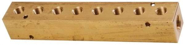 Made in USA - 1/2" Inlet, 3/8" Outlet Manifold - 8-3/4" Long x 1-1/2" Wide x 1-1/2" High, 0.2" Mount Hole, 2 Inlet Ports, 8 Outlet Ports - USA Tool & Supply