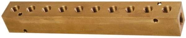 Made in USA - 1/2" Inlet, 3/8" Outlet Manifold - 10-3/4" Long x 1-1/2" Wide x 1-1/2" High, 0.2" Mount Hole, 2 Inlet Ports, 10 Outlet Ports - USA Tool & Supply
