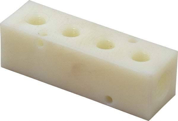 Made in USA - 1/4" Inlet, 1/8" Outlet Manifold - 3-1/4" Long x 1" Wide x 1" High, 0.17" Mount Hole, 2 Inlet Ports, 4 Outlet Ports - USA Tool & Supply