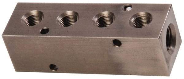 Made in USA - 1/2" Inlet, 3/8" Outlet Manifold - 4-3/4" Long x 1-1/2" Wide x 1-1/2" High, 0.2" Mount Hole, 2 Inlet Ports, 4 Outlet Ports - USA Tool & Supply