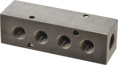 Made in USA - 3/8" Inlet, 1/4" Outlet Manifold - 4.12" Long x 1-1/4" Wide x 1-1/4" High, 0.2" Mount Hole, 2 Inlet Ports, 4 Outlet Ports - USA Tool & Supply