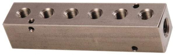 Made in USA - 1/2" Inlet, 3/8" Outlet Manifold - 6-3/4" Long x 1-1/2" Wide x 1-1/2" High, 0.2" Mount Hole, 2 Inlet Ports, 6 Outlet Ports - USA Tool & Supply