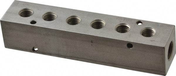 Made in USA - 3/8" Inlet, 1/4" Outlet Manifold - 5.88" Long x 1-1/4" Wide x 1-1/4" High, 0.2" Mount Hole, 2 Inlet Ports, 6 Outlet Ports - USA Tool & Supply