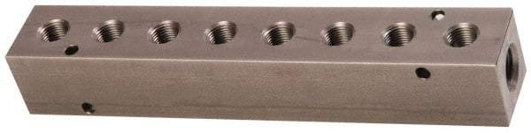 Made in USA - 3/8" Inlet, 1/4" Outlet Manifold - 7.63" Long x 1-1/4" Wide x 1-1/4" High, 0.2" Mount Hole, 2 Inlet Ports, 8 Outlet Ports - USA Tool & Supply