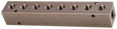 Made in USA - 1/2" Inlet, 3/8" Outlet Manifold - 8-3/4" Long x 1-1/2" Wide x 1-1/2" High, 0.2" Mount Hole, 2 Inlet Ports, 8 Outlet Ports - USA Tool & Supply