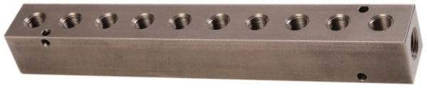 Made in USA - 1/4" Inlet, 1/8" Outlet Manifold - 7-3/4" Long x 1" Wide x 1" High, 0.17" Mount Hole, 2 Inlet Ports, 10 Outlet Ports - USA Tool & Supply