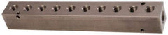 Made in USA - 3/8" Inlet, 1/4" Outlet Manifold - 9.38" Long x 1-1/4" Wide x 1-1/4" High, 0.2" Mount Hole, 2 Inlet Ports, 10 Outlet Ports - USA Tool & Supply