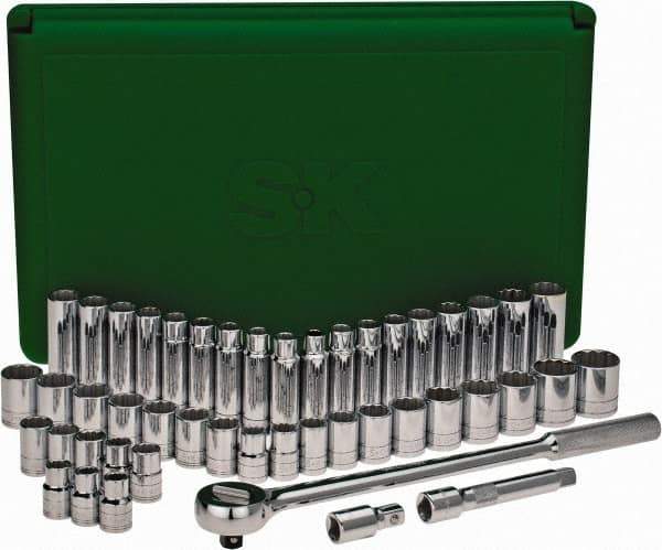 SK - 47 Piece 1/2" Drive Deep Well Socket Set - 12 Points, 1/2" to 1-1/2" (10mm to 24mm) Range, Inch/Metric Measurement Standard - USA Tool & Supply
