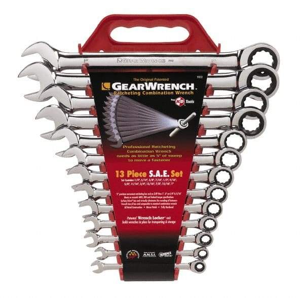 GearWrench - 13 Piece, 1/4" to 1", Combination Wrench Set - Inch Measurement Standard, Chrome Finish, Comes in Plastic Rack - USA Tool & Supply