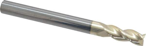 Accupro - 3/8", 1" LOC, 3/8" Shank Diam, 4" OAL, 3 Flute, Solid Carbide Square End Mill - Single End, ZrN Finish, Spiral Flute, 37° Helix, Centercutting, Right Hand Cut, Right Hand Flute - USA Tool & Supply