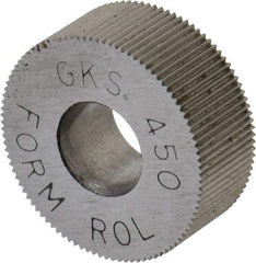 Made in USA - 5/8" Diam, 70° Tooth Angle, 50 TPI, Standard (Shape), Form Type High Speed Steel Straight Knurl Wheel - 1/4" Face Width, 1/4" Hole, Circular Pitch, Bright Finish, Series GK - Exact Industrial Supply