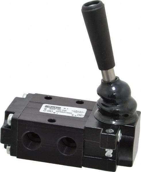 Parker - 0.83 CV Rate, 1/4" NPT Inlet Direct Air 4 Mechanical Spool Valve - 3 Way, 2 Position NC, 150 Max psi, Lever Manual Return - USA Tool & Supply