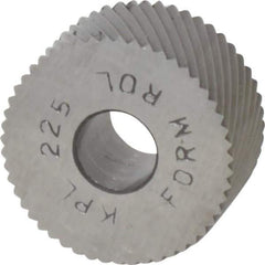 Made in USA - 3/4" Diam, 90° Tooth Angle, 25 TPI, Standard (Shape), Form Type High Speed Steel Left-Hand Diagonal Knurl Wheel - 3/8" Face Width, 1/4" Hole, Circular Pitch, 30° Helix, Bright Finish, Series KP - Exact Industrial Supply