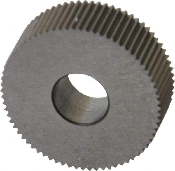 Made in USA - 3/4" Diam, 80° Tooth Angle, Standard (Shape), Form Type High Speed Steel Straight Knurl Wheel - 1/4" Face Width, 1/4" Hole, 96 Diametral Pitch, Bright Finish, Series KN - Exact Industrial Supply