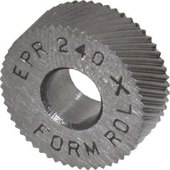 Made in USA - 1/2" Diam, 90° Tooth Angle, 40 TPI, Standard (Shape), Form Type Cobalt Right-Hand Diagonal Knurl Wheel - 3/16" Face Width, 3/16" Hole, Circular Pitch, 30° Helix, Bright Finish, Series EP - Exact Industrial Supply