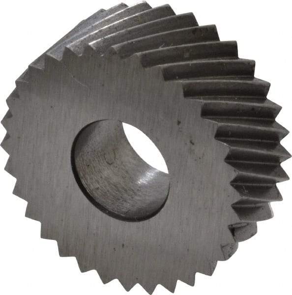 Made in USA - 1/2" Diam, 80° Tooth Angle, Standard (Shape), Form Type Cobalt Right-Hand Diagonal Knurl Wheel - 3/16" Face Width, 3/16" Hole, 64 Diametral Pitch, 30° Helix, Bright Finish, Series EP - Exact Industrial Supply