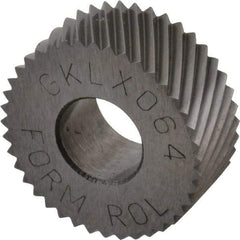 Made in USA - 5/8" Diam, 80° Tooth Angle, Standard (Shape), Form Type Cobalt Left-Hand Diagonal Knurl Wheel - 1/4" Face Width, 1/4" Hole, 64 Diametral Pitch, 30° Helix, Bright Finish, Series GK - Exact Industrial Supply