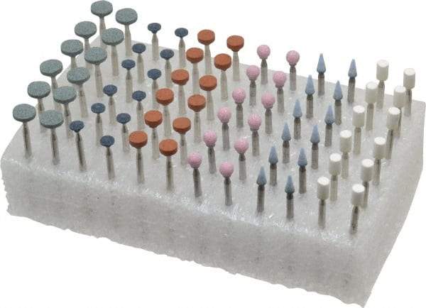 Grier Abrasives - 72 Piece Aluminum Oxide Vitrified Mounted Stone Abrasive Point Set - Fine Grade, 3/32" Diam x 1-1/2" Long Shank - USA Tool & Supply