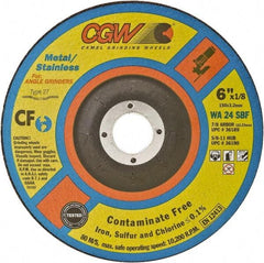 Camel Grinding Wheels - 24 Grit, 6" Wheel Diam, 1/8" Wheel Thickness, Type 27 Depressed Center Wheel - Coarse Grade, Aluminum Oxide, Resinoid Bond, 10,200 Max RPM - USA Tool & Supply