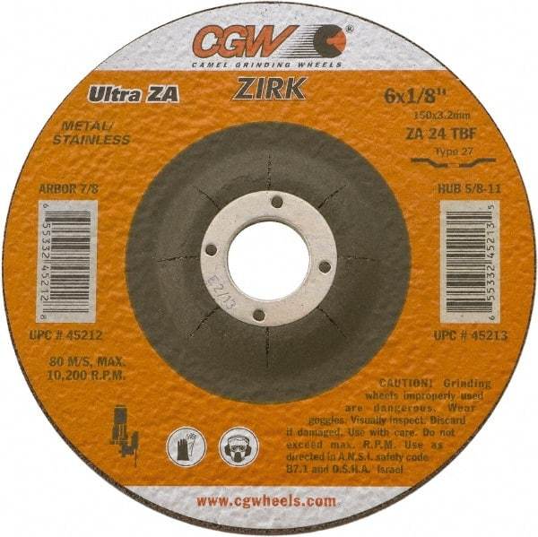 Camel Grinding Wheels - 24 Grit, 4" Wheel Diam, 1/8" Wheel Thickness, 3/8" Arbor Hole, Type 27 Depressed Center Wheel - Coarse Grade, Zirconia Alumina, Resinoid Bond, 15,300 Max RPM - USA Tool & Supply