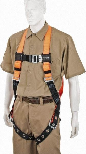 Miller - 400 Lb Capacity, Size Universal, Full Body Construction Safety Harness - Polyester, Tongue Leg Strap, Mating Chest Strap, Orange/Black - USA Tool & Supply