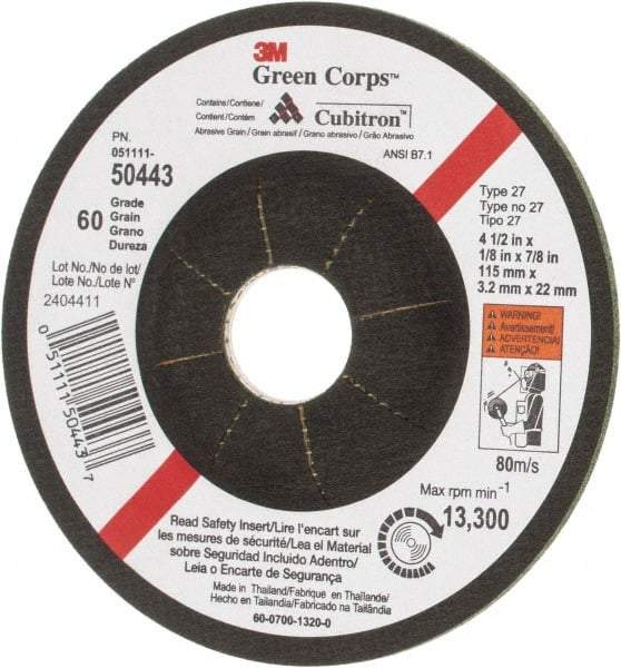 3M - 60 Grit, 4-1/2" Wheel Diam, 1/8" Wheel Thickness, 7/8" Arbor Hole, Type 27 Depressed Center Wheel - Ceramic, 13,300 Max RPM - USA Tool & Supply