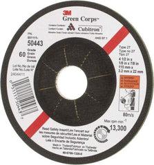 3M - 60 Grit, 4-1/2" Wheel Diam, 1/8" Wheel Thickness, 7/8" Arbor Hole, Type 27 Depressed Center Wheel - Ceramic, 13,300 Max RPM - USA Tool & Supply