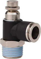 PRO-SOURCE - 1/2" NPT x 1/2" Tube OD Right Angle Flow Control Valve - 0 to 113.76 psi & Techno Polymer, Brass, Steel Material - USA Tool & Supply