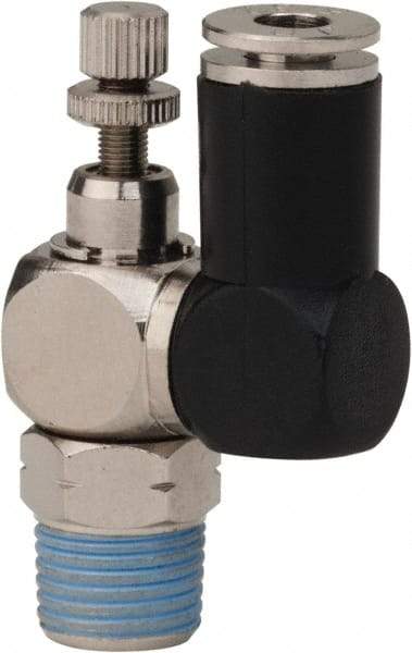 Value Collection - 1/8" Male NPT x 5/32" Tube OD Flow Control Offset Inline Valve - 0 to 113.76 psi & Techno Polymer, Brass, Steel Material - USA Tool & Supply