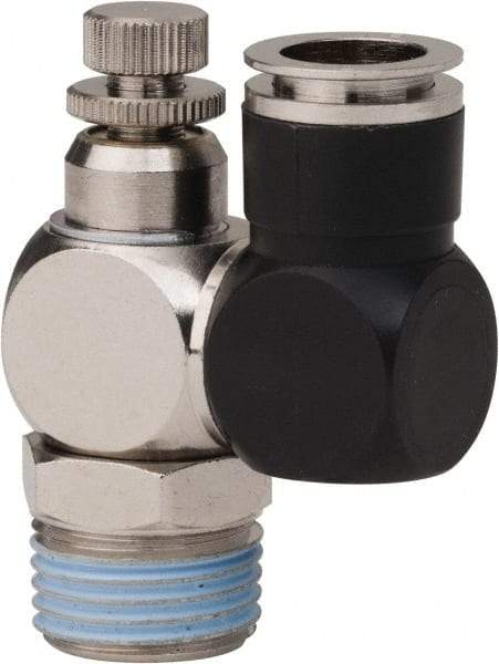 PRO-SOURCE - 1/2" Male NPT x 1/2" Tube OD Flow Control Offset Inline Valve - 0 to 113.76 psi & Techno Polymer, Brass, Steel Material - USA Tool & Supply
