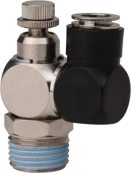 Value Collection - 1/2" Male NPT x 3/8" Tube OD Flow Control Offset Inline Valve - 0 to 113.76 psi & Techno Polymer, Brass, Steel Material - USA Tool & Supply