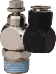 Value Collection - 1/2" Male NPT x 3/8" Tube OD Flow Control Offset Inline Valve - 0 to 113.76 psi & Techno Polymer, Brass, Steel Material - USA Tool & Supply