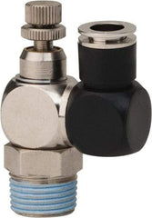 Value Collection - 3/8" Male NPT x 5/16" Tube OD Flow Control Offset Inline Valve - 0 to 113.76 psi & Techno Polymer, Brass, Steel Material - USA Tool & Supply