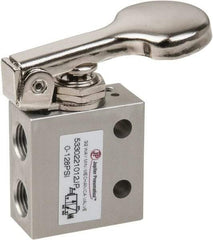 PRO-SOURCE - 1/8" NPT 3 Way, 2 Position Mini Mechanical Valve - 0.298 CV Rate, 7 CFM, 127.98 Max psi, Finger Button/Spring Actuator - USA Tool & Supply