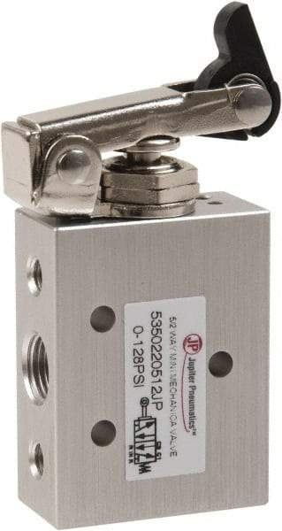 Value Collection - 1/8" NPT 5 Way, 2 Position Mini Mechanical Valve - 0.34 CV Rate, 9 CFM, 127.98 Max psi, One Way Roller/Spring Actuator - USA Tool & Supply