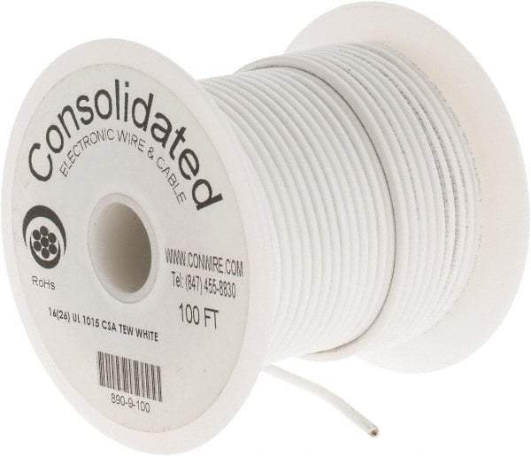 Made in USA - 16 AWG, 26 Strand, 100' OAL, Tinned Copper Hook Up Wire - White PVC Jacket, 0.117" Diam - USA Tool & Supply