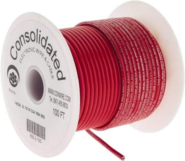 Made in USA - 16 AWG, 26 Strand, 100' OAL, Tinned Copper Hook Up Wire - Red PVC Jacket, 0.117" Diam - USA Tool & Supply