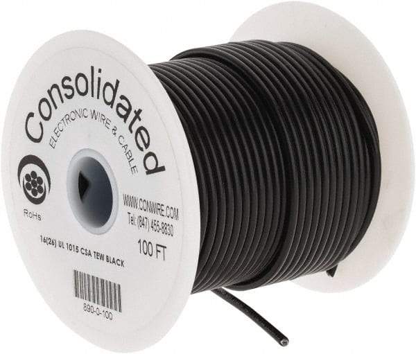 Made in USA - 16 AWG, 26 Strand, 100' OAL, Tinned Copper Hook Up Wire - Black PVC Jacket, 0.117" Diam - USA Tool & Supply