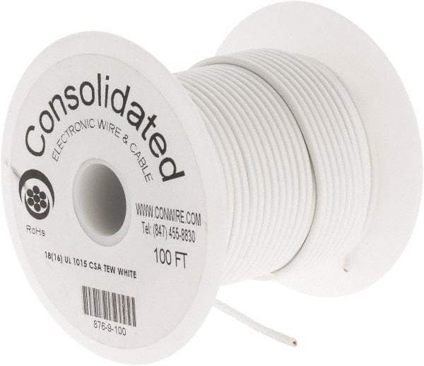 Made in USA - 18 AWG, 16 Strand, 100' OAL, Tinned Copper Hook Up Wire - White PVC Jacket, 0.106" Diam - USA Tool & Supply